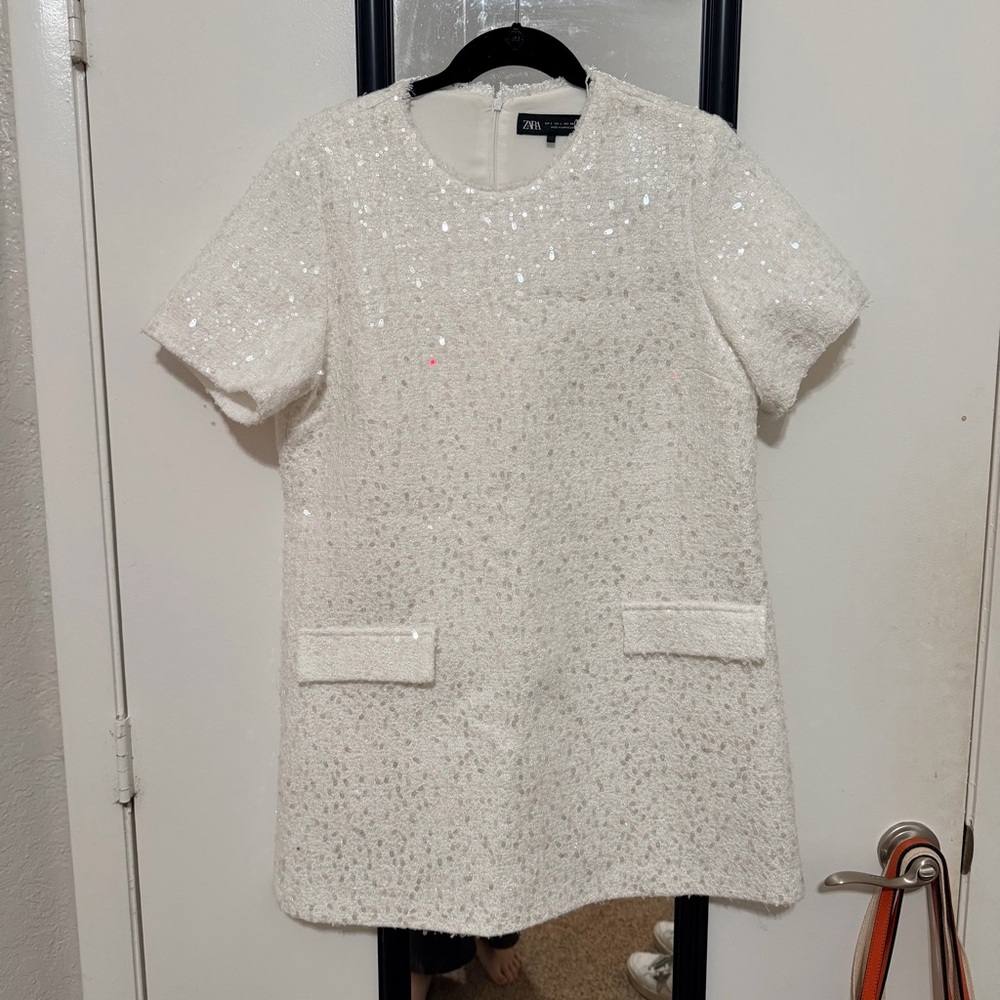 White Sequin Short Sleeve Dress